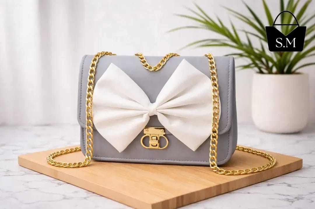 Grey Leather Bow Crossbody Bag for Girls