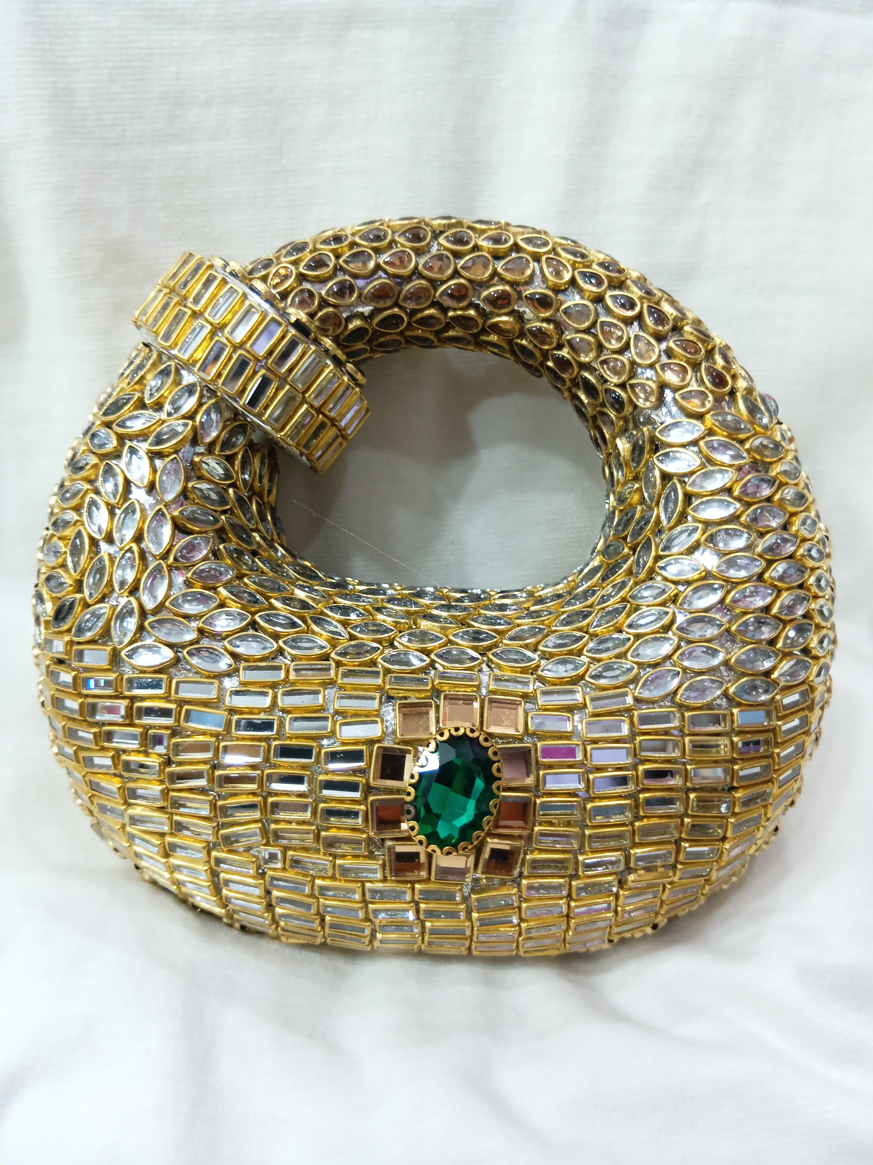 Hand Made "Mirror Work Kundan Round Clutch – Gold Potli Bag"