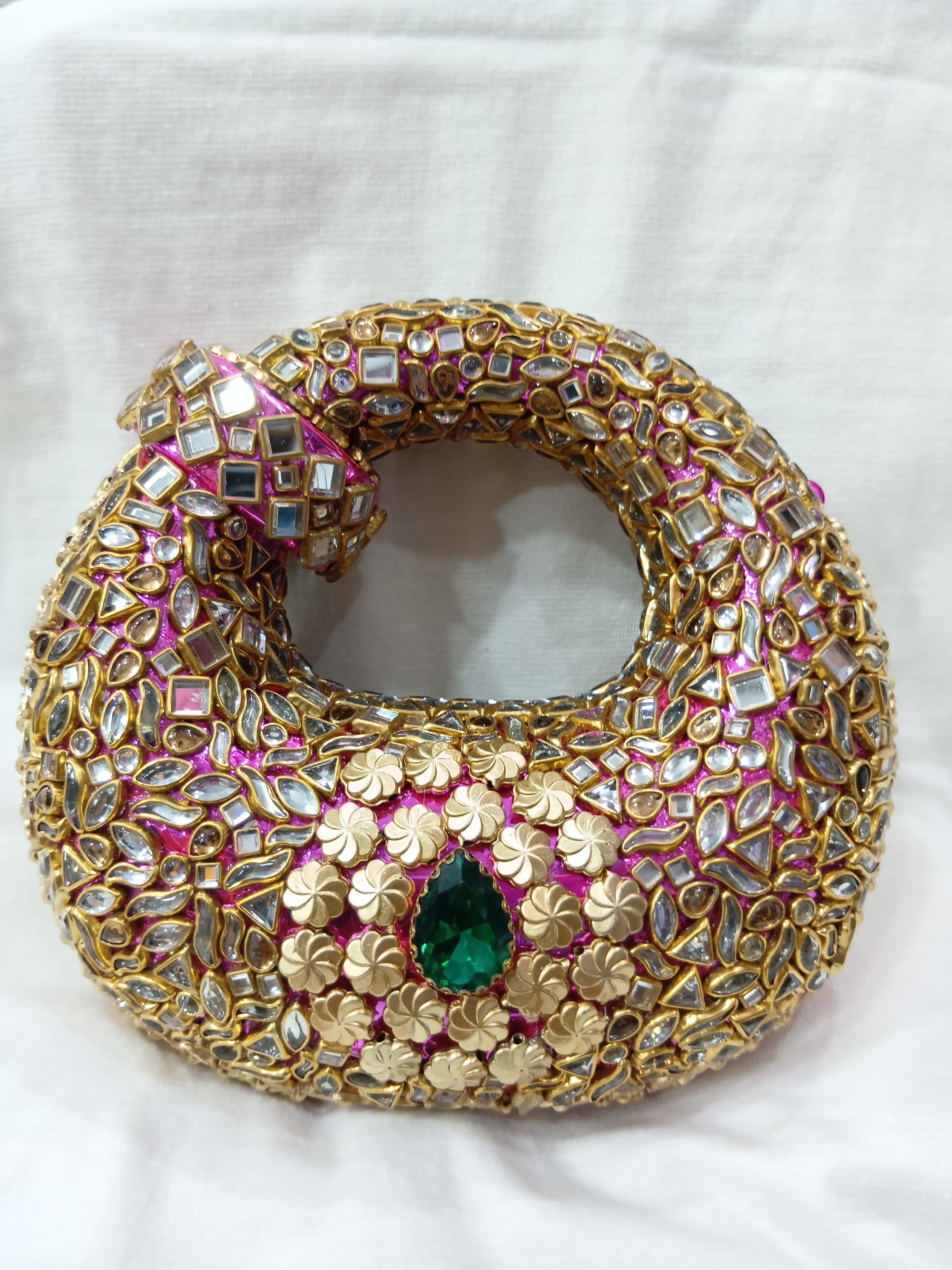 Hand Made "Mirror Work Kundan Round Clutch – Pink Floral Potli Bag"