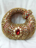Hand Made Mirror Work Kundan Round Clutch – Red Leaf Potli Bag