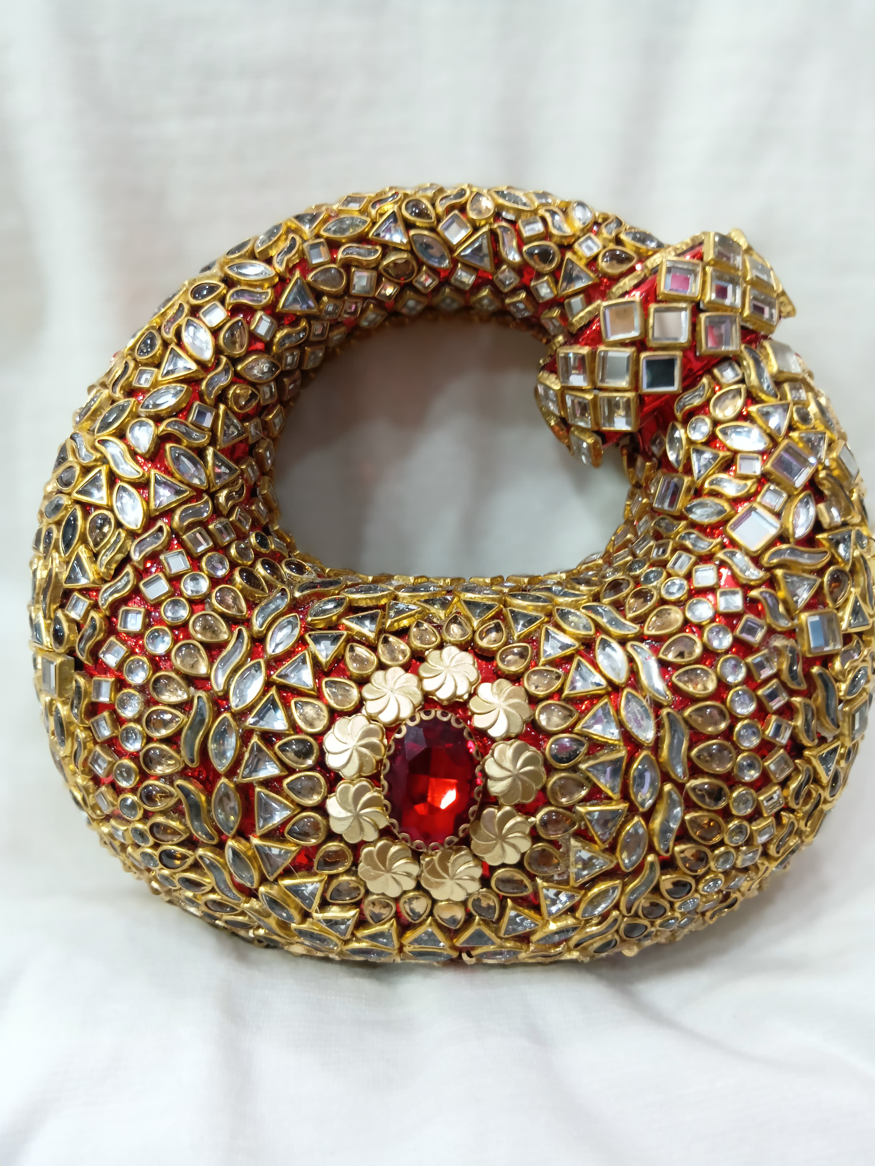 Hand Made Mirror Work Kundan Round Clutch – Red Leaf Potli Bag