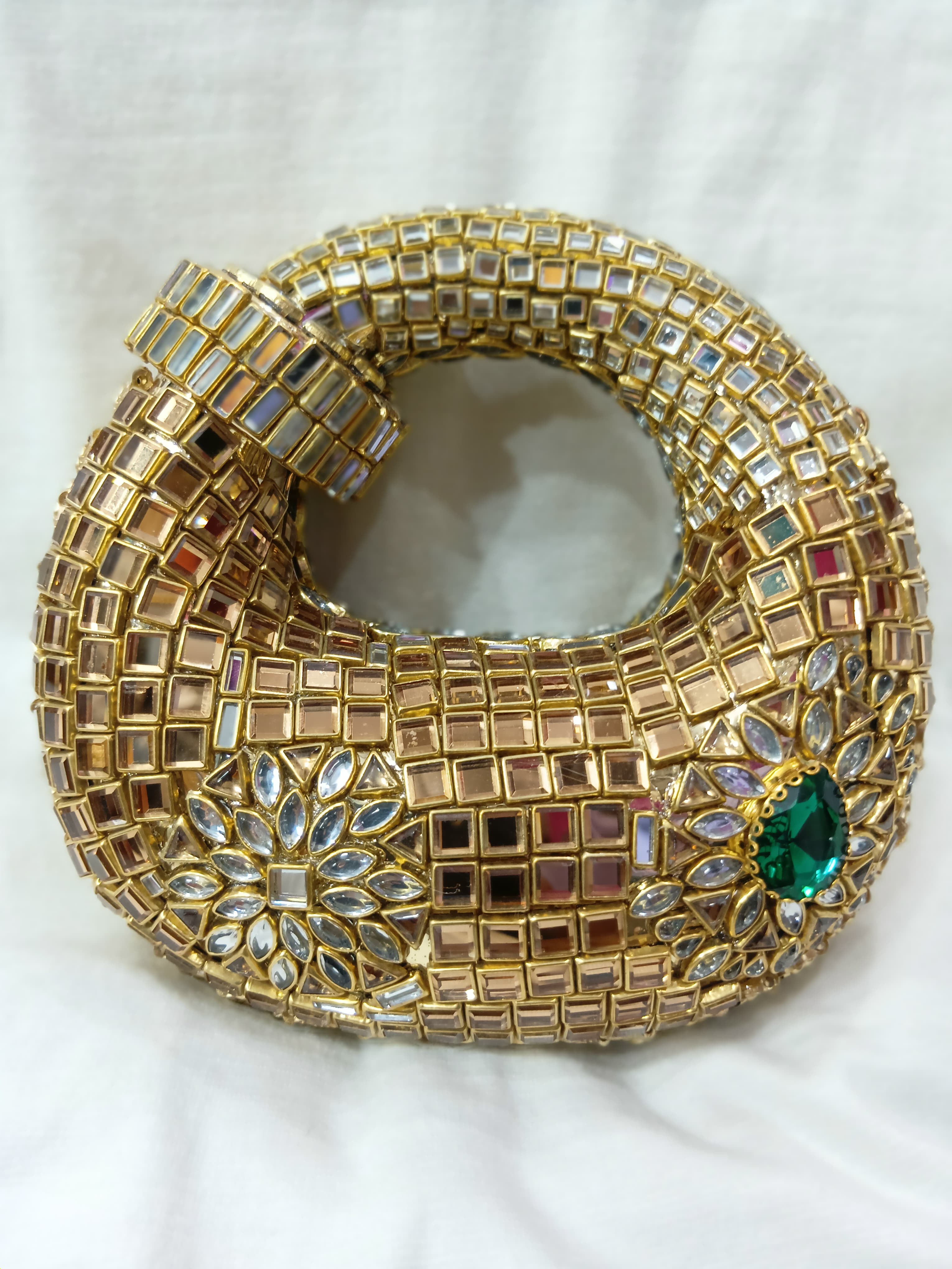 Hand Made "Mirror Work Kundan Round Clutch – Gold Leaf Potli Bag"