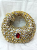 Hand Made Mirror Work Kundan Round Clutch – Gold Leaf Potli Bag