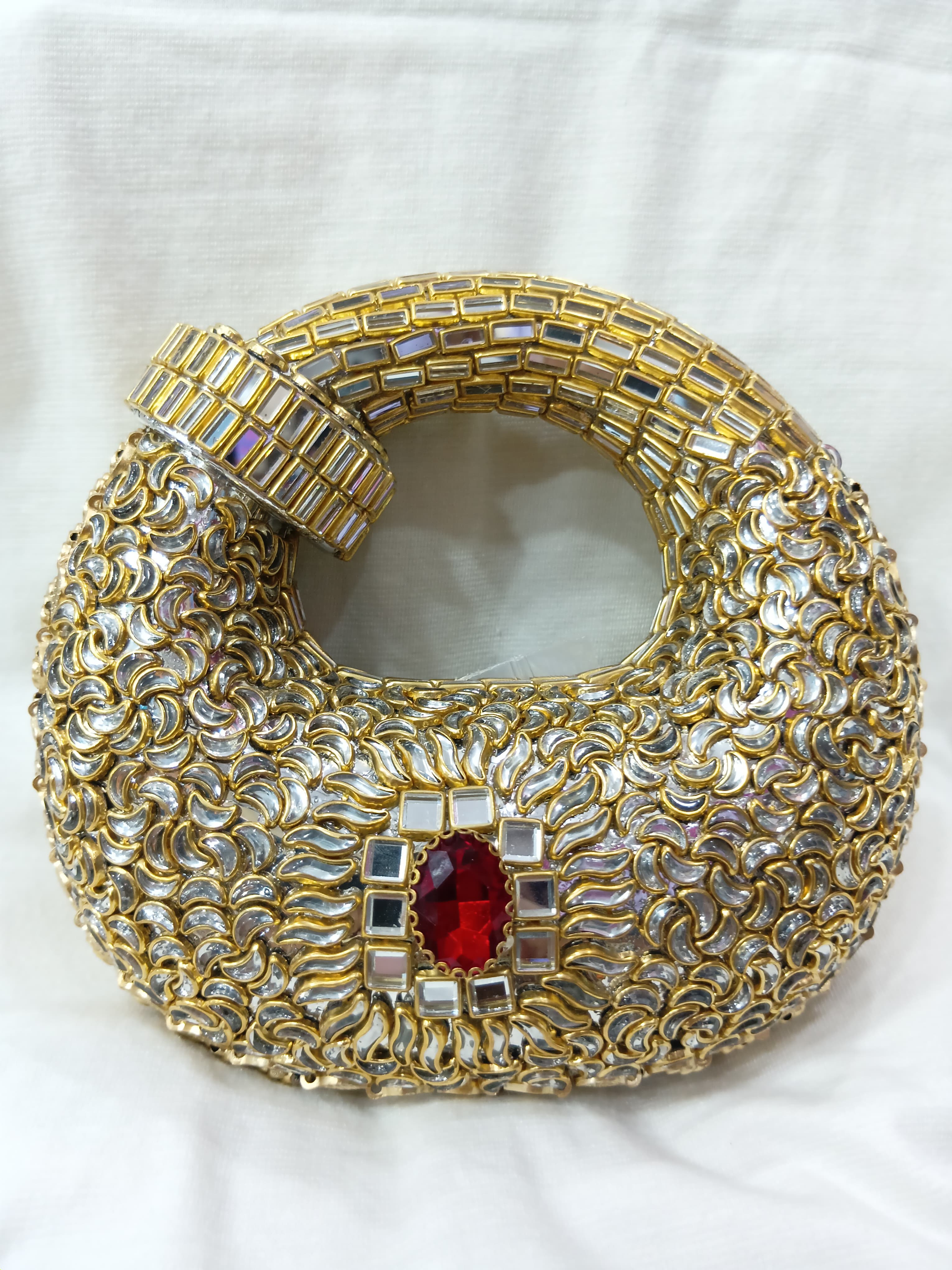 Hand Made Mirror Work Kundan Round Clutch – Gold Leaf Potli Bag