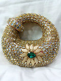 Hand Made "Mirror Work Kundan Round Clutch – Gold Leaf Potli Bag"