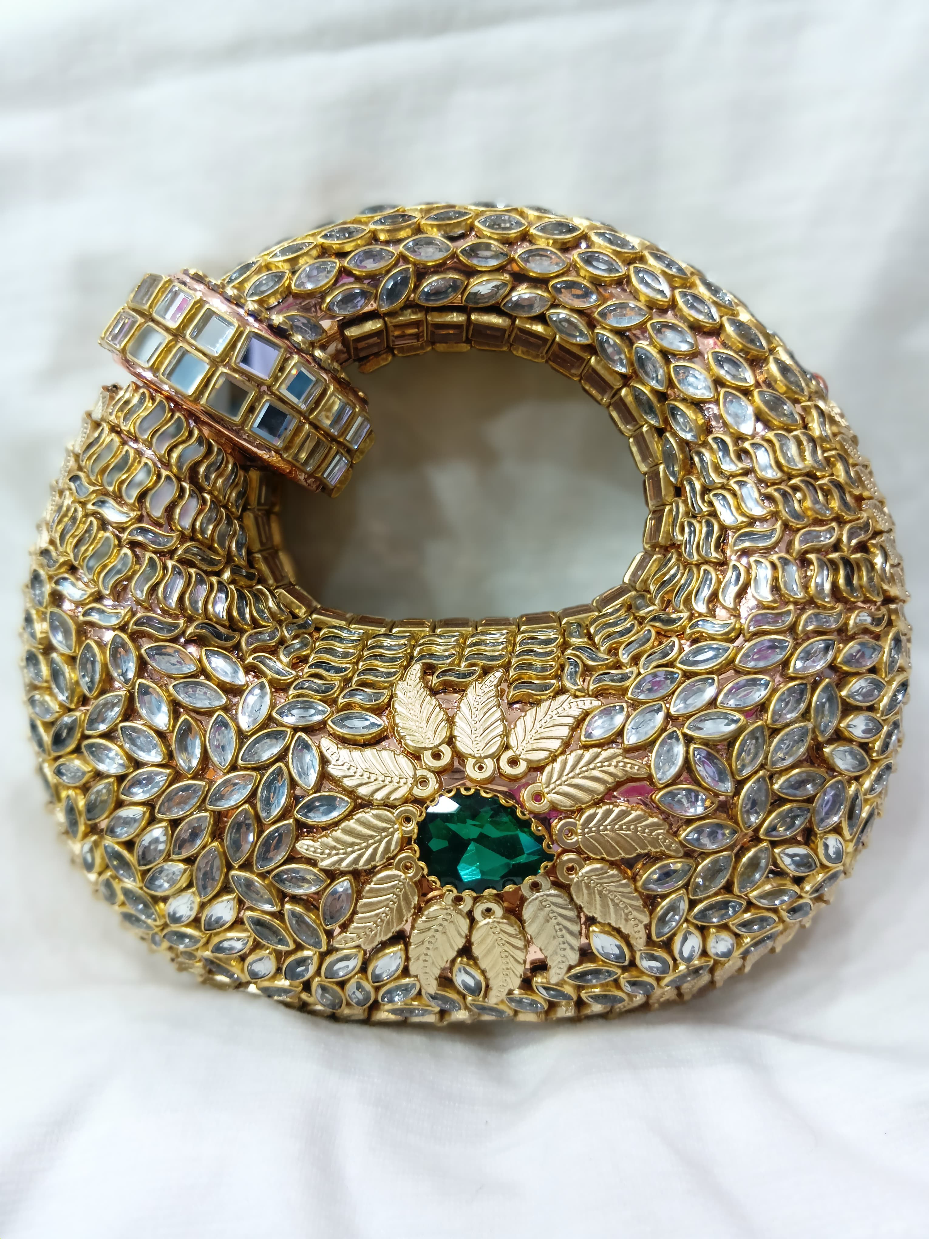 Hand Made "Mirror Work Kundan Round Clutch – Gold Leaf Potli Bag"