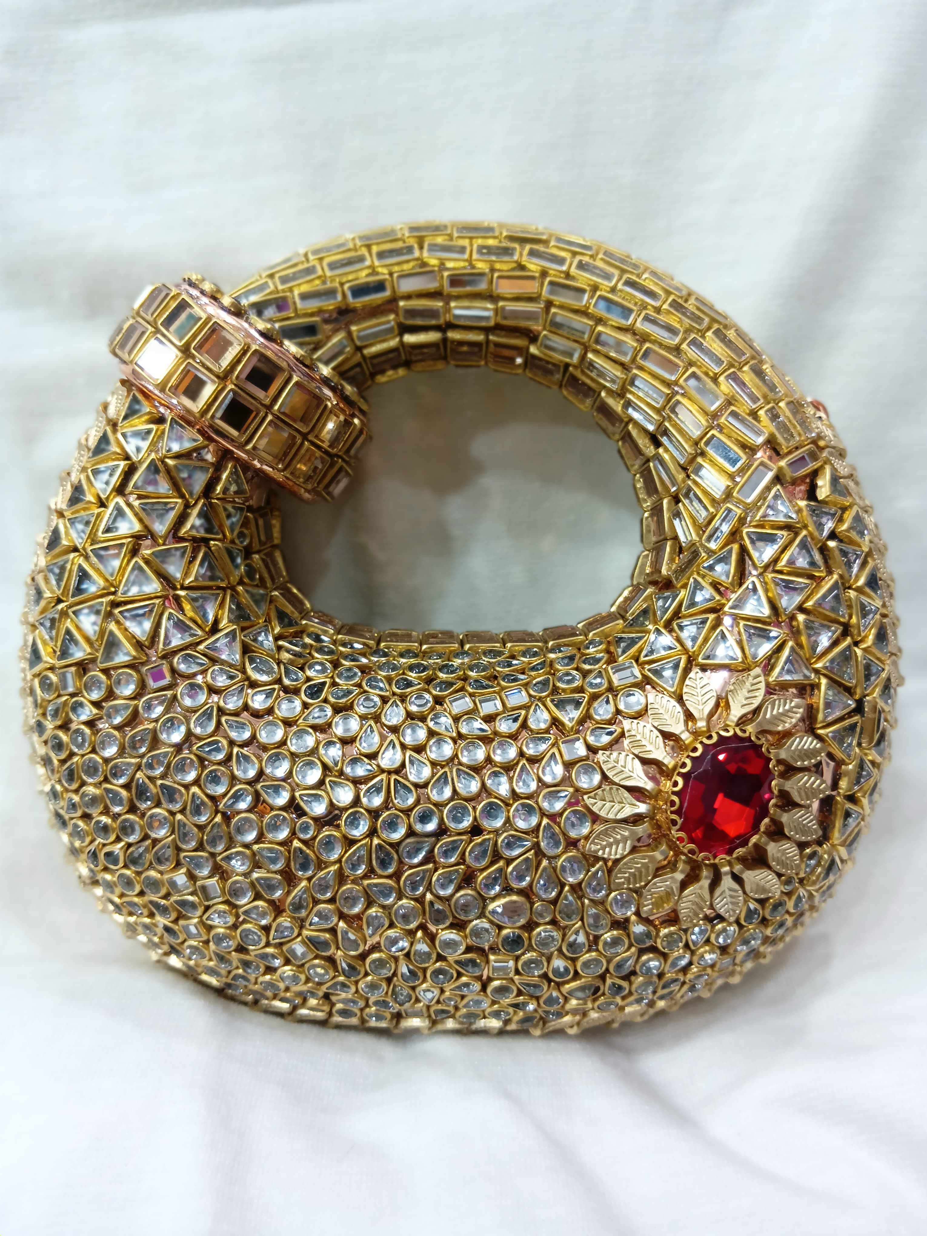 Hand Made Mirror Work Kundan Round Clutch – Red Stone Potli Bag