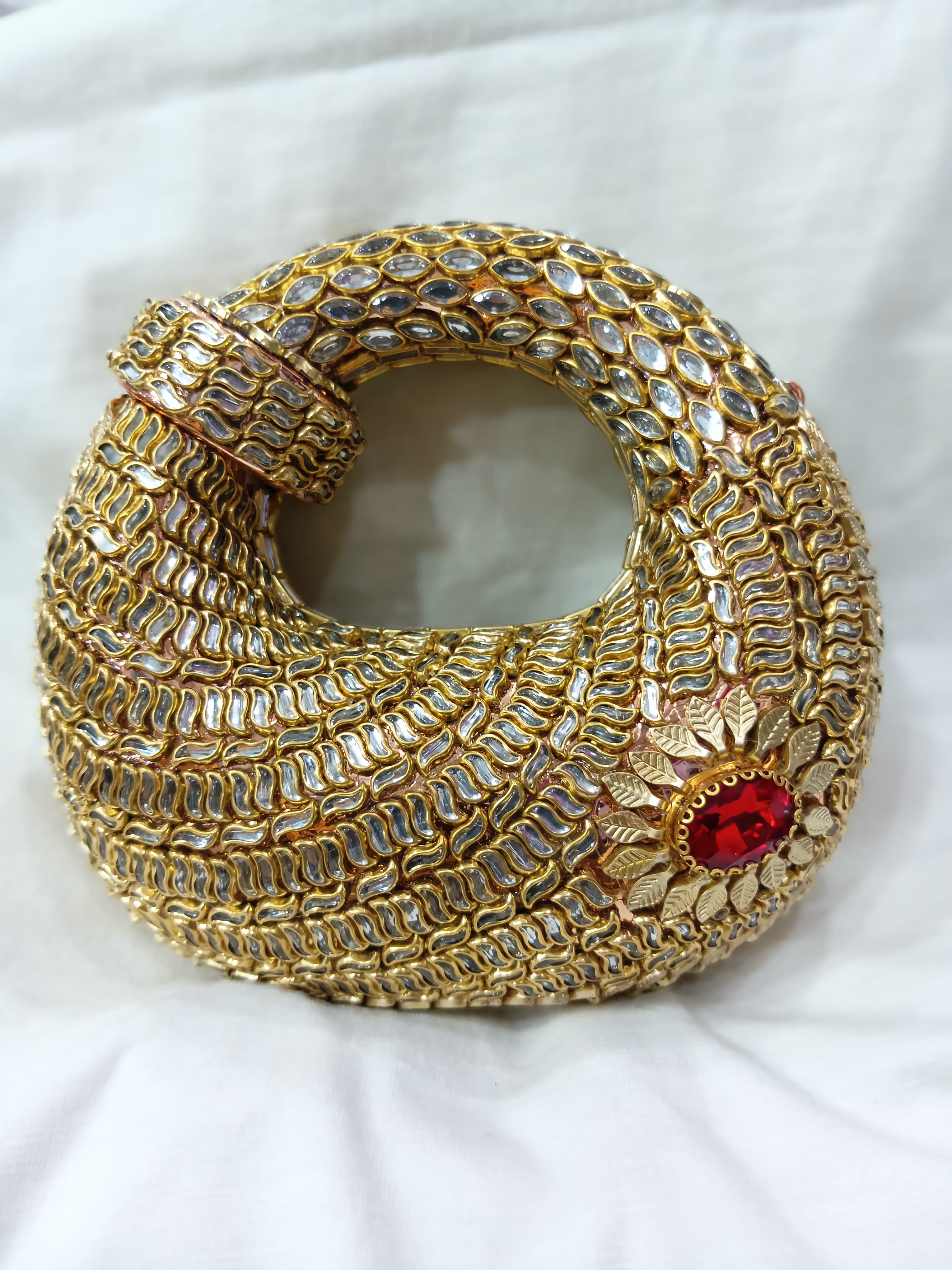 Hand Made Mirror Work Kundan Round Clutch – Pink Floral Potli Bag