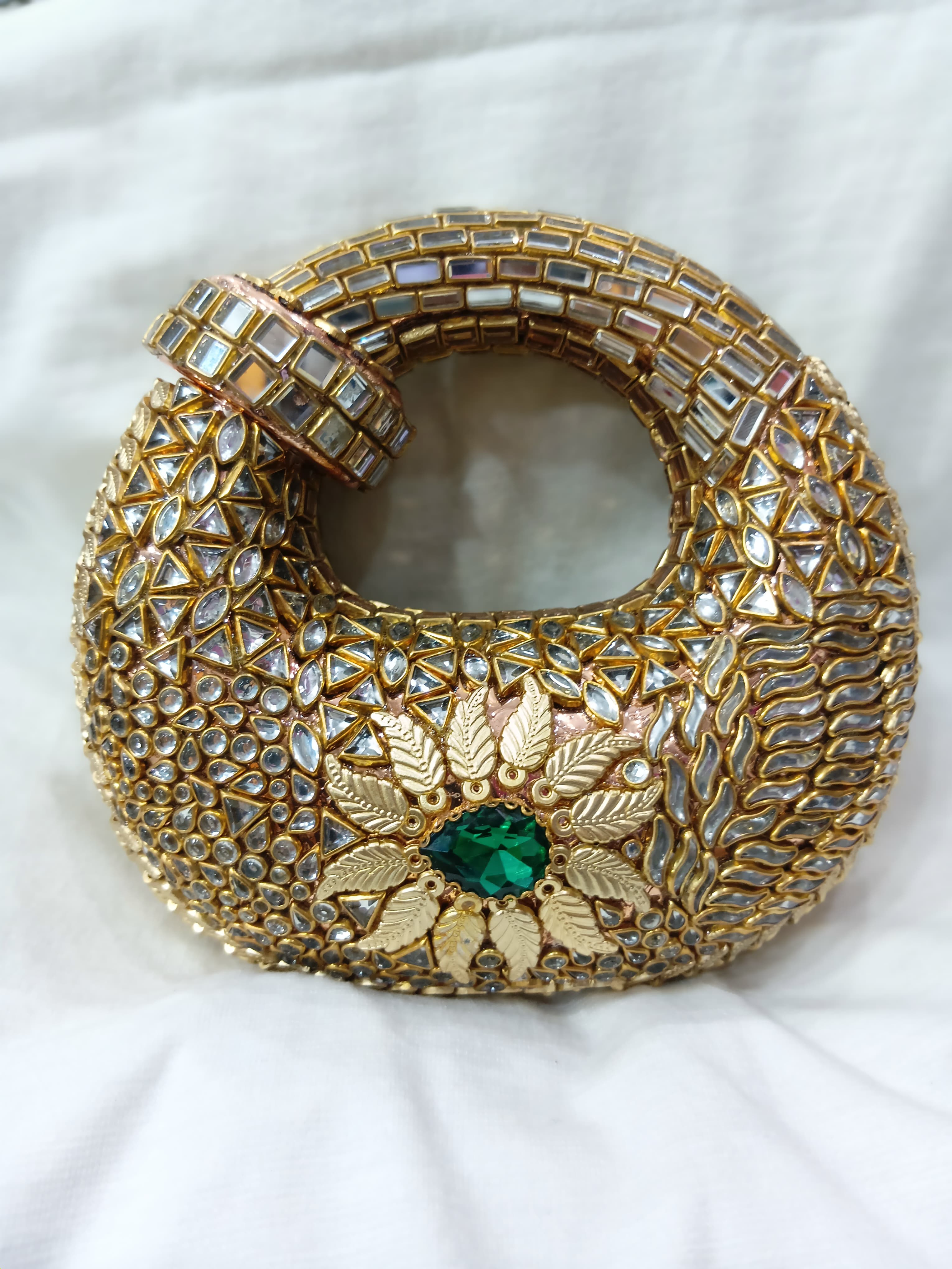 Hand Made Kundan Mirror Work Round Clutch – Emerald Green Stone